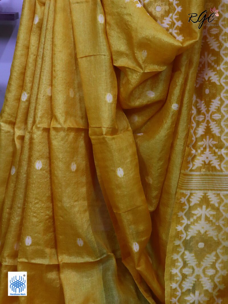 Golden Yellow Handloom Pure Gachi Tussar Jamdani Saree - Image 3