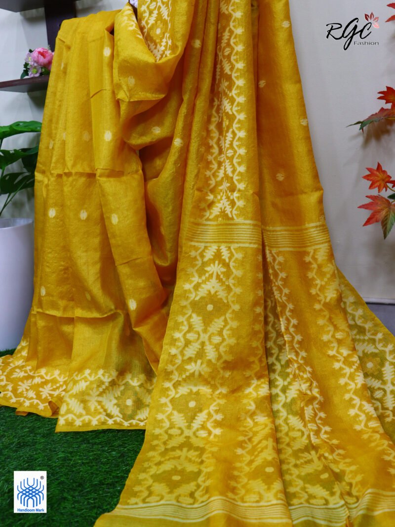 Golden Yellow Handloom Pure Gachi Tussar Jamdani Saree - Image 2