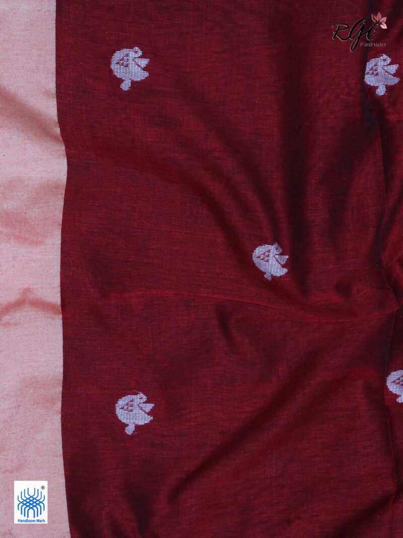 Maroon Pure Cotton Bird Jamdani Handloom Saree - Image 6