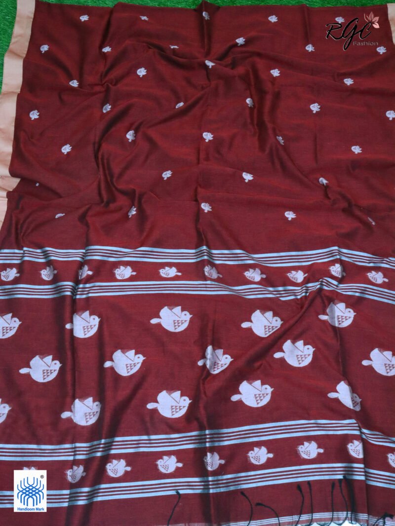 Maroon Pure Cotton Bird Jamdani Handloom Saree - Image 5