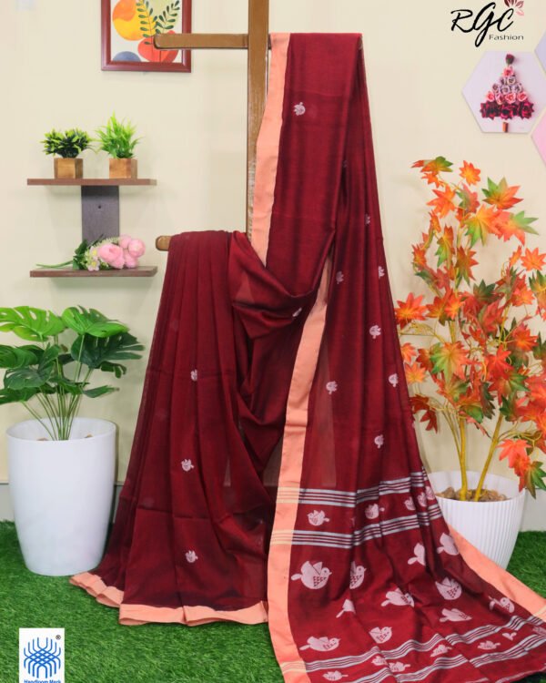 Maroon Pure Cotton Bird Jamdani Handloom Saree