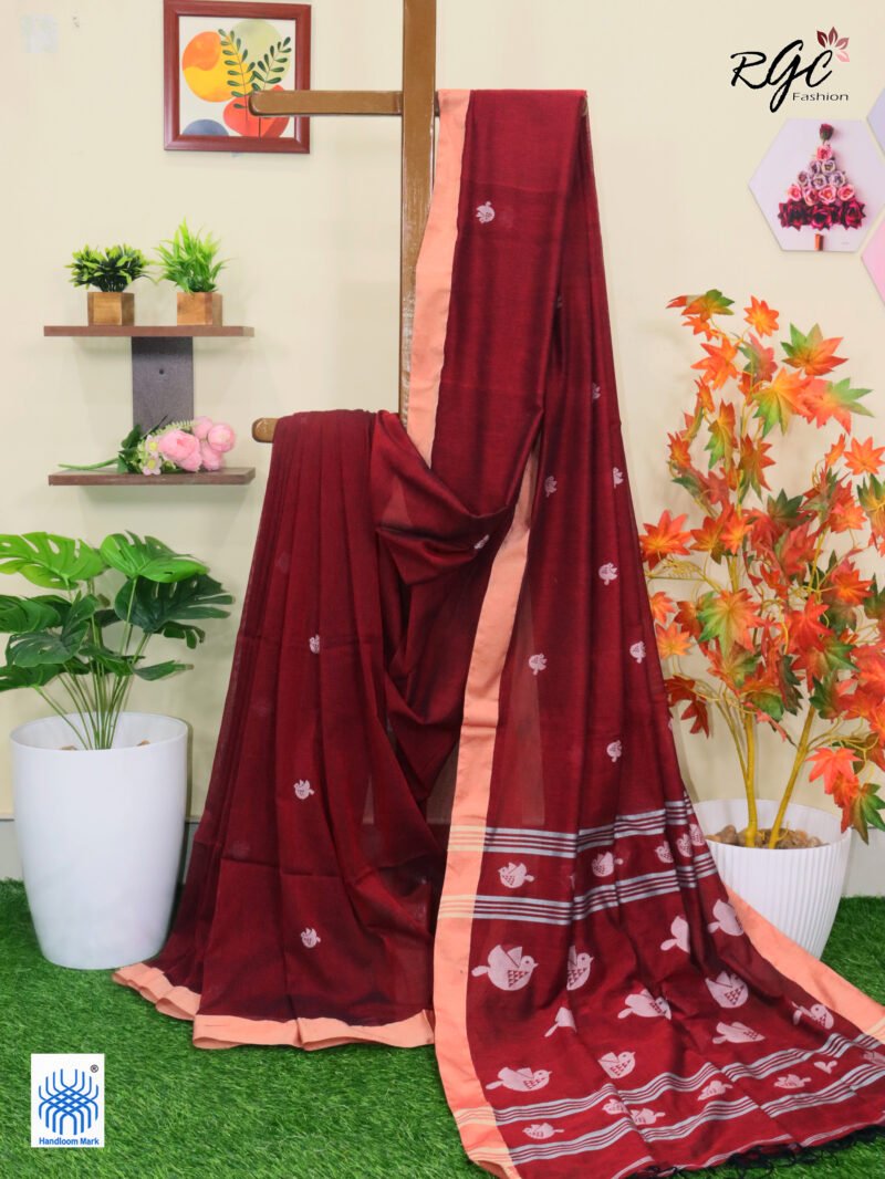 Maroon Pure Cotton Bird Jamdani Handloom Saree