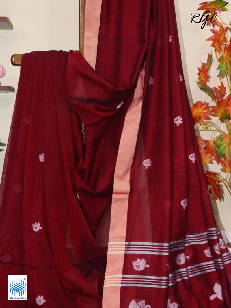 Maroon Pure Cotton Bird Jamdani Handloom Saree - Image 3