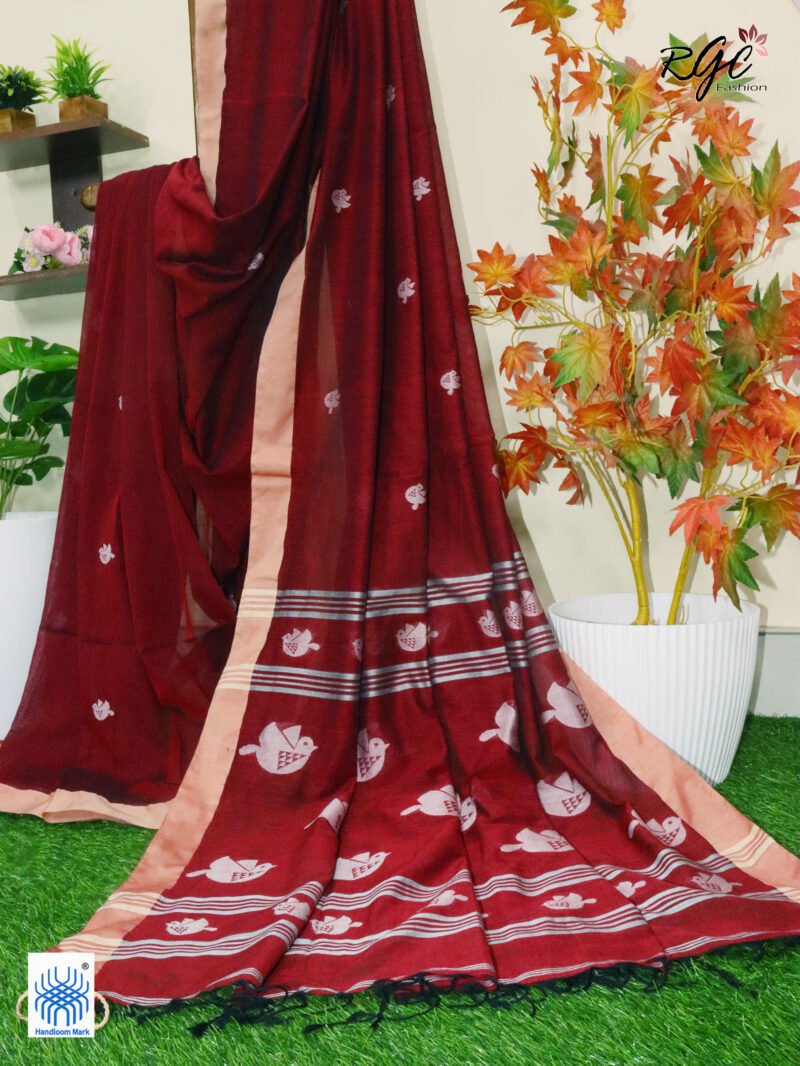 Maroon Pure Cotton Bird Jamdani Handloom Saree - Image 2