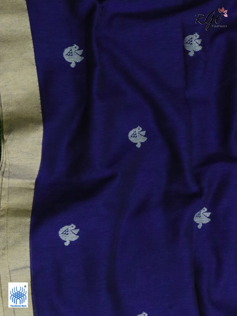 Navy Blue Pure Cotton Bird Jamdani Handloom Saree - Image 2