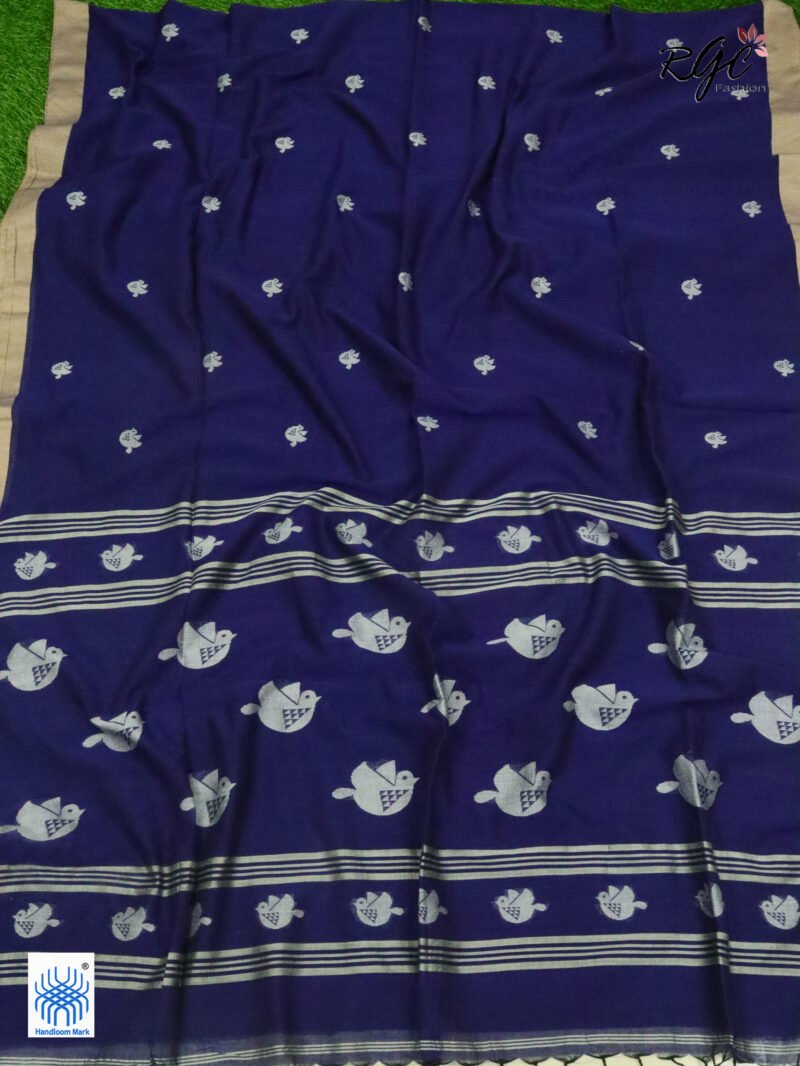 Navy Blue Pure Cotton Bird Jamdani Handloom Saree - Image 6