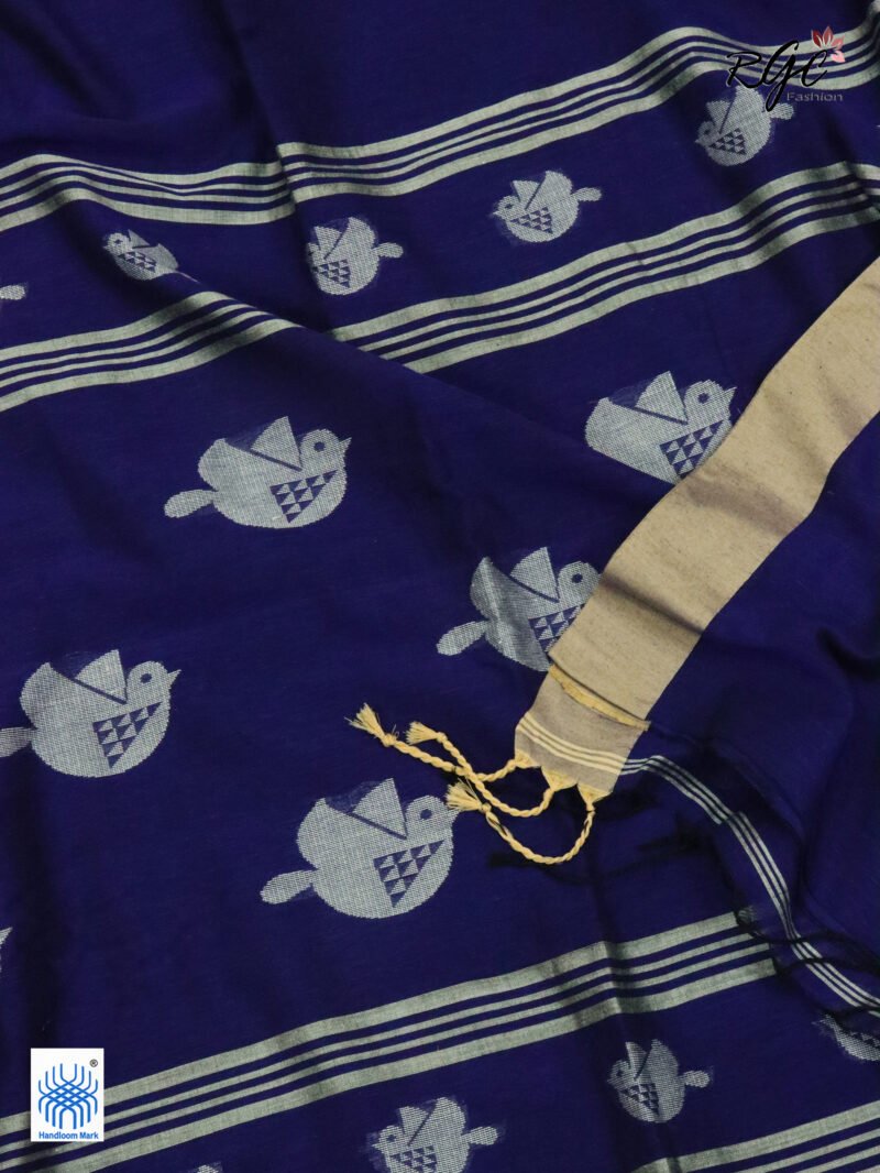 Navy Blue Pure Cotton Bird Jamdani Handloom Saree - Image 5