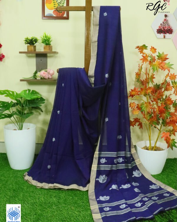 Navy Blue Pure Cotton Bird Jamdani Handloom Saree