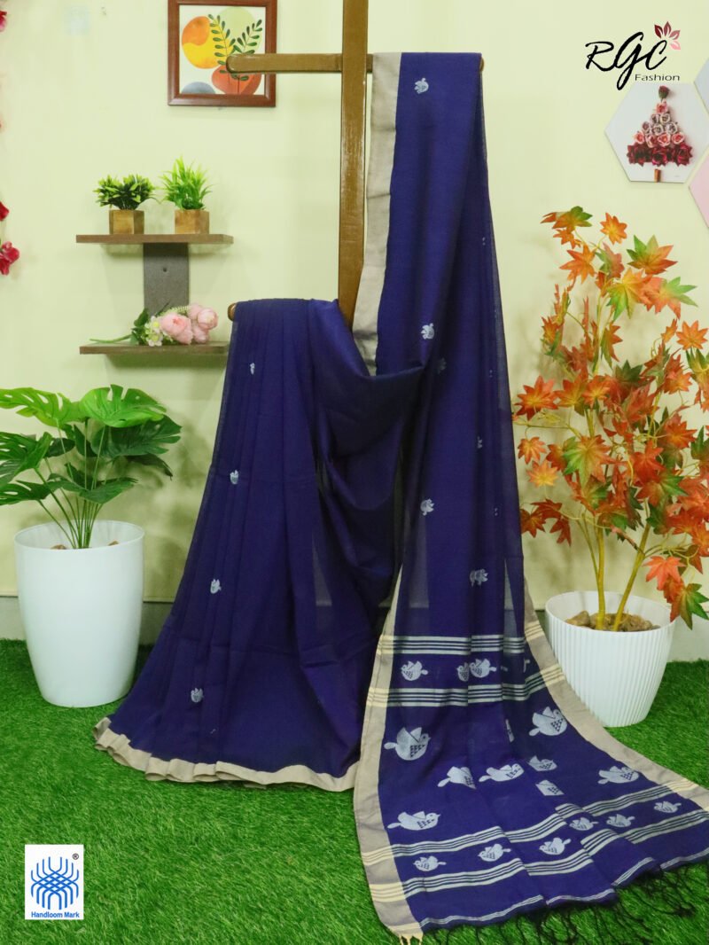 Navy Blue Pure Cotton Bird Jamdani Handloom Saree