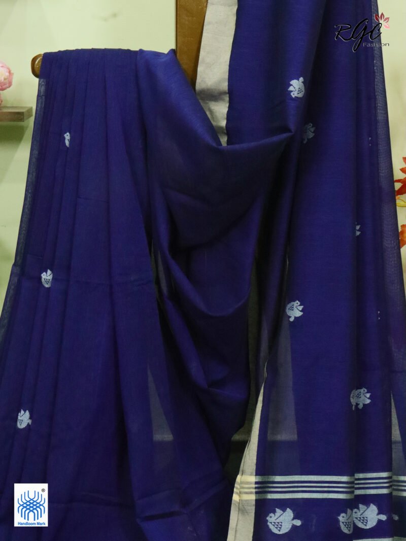 Navy Blue Pure Cotton Bird Jamdani Handloom Saree - Image 4