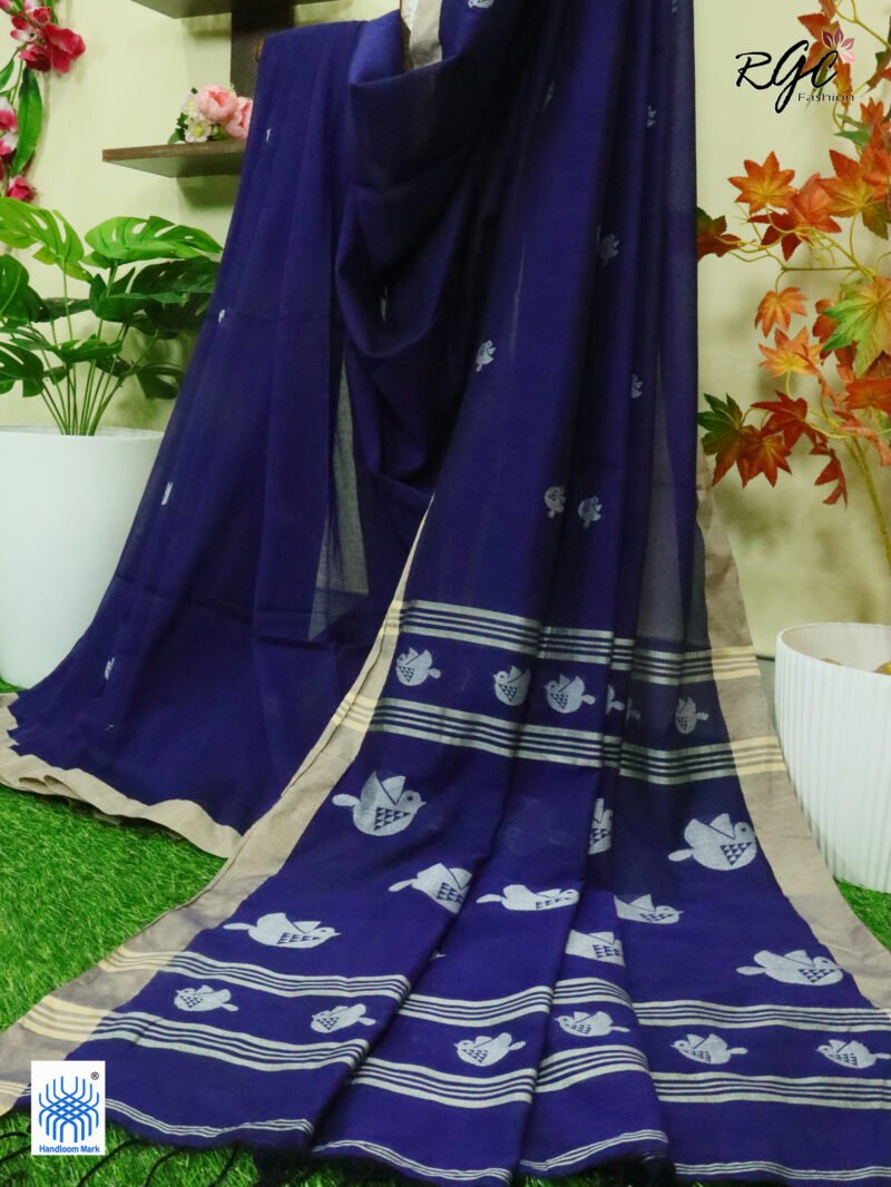 Navy Blue Pure Cotton Bird Jamdani Handloom Saree - Image 3