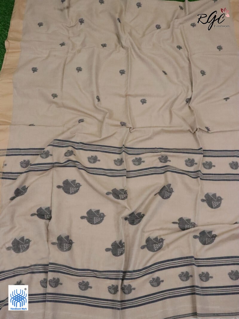 Beige Pure Cotton Bird Jamdani Handloom Saree - Image 3