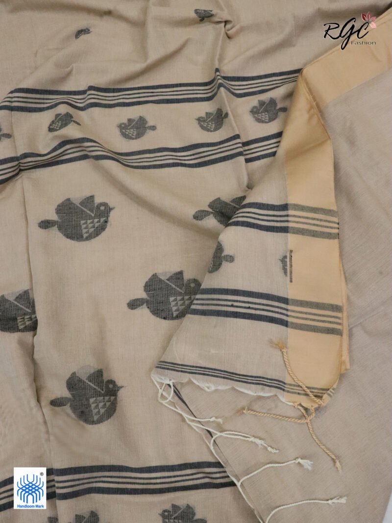 Beige Pure Cotton Bird Jamdani Handloom Saree - Image 4