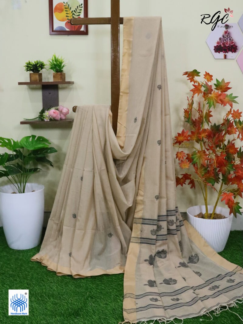 Beige Pure Cotton Bird Jamdani Handloom Saree