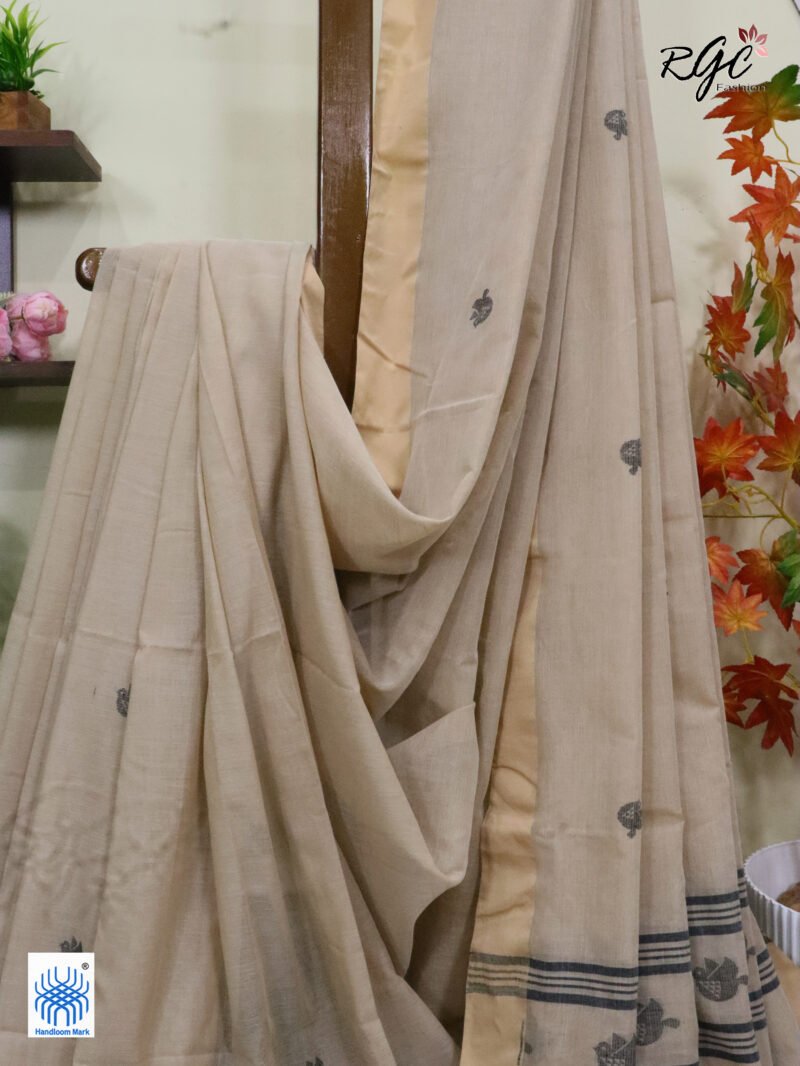 Beige Pure Cotton Bird Jamdani Handloom Saree - Image 5