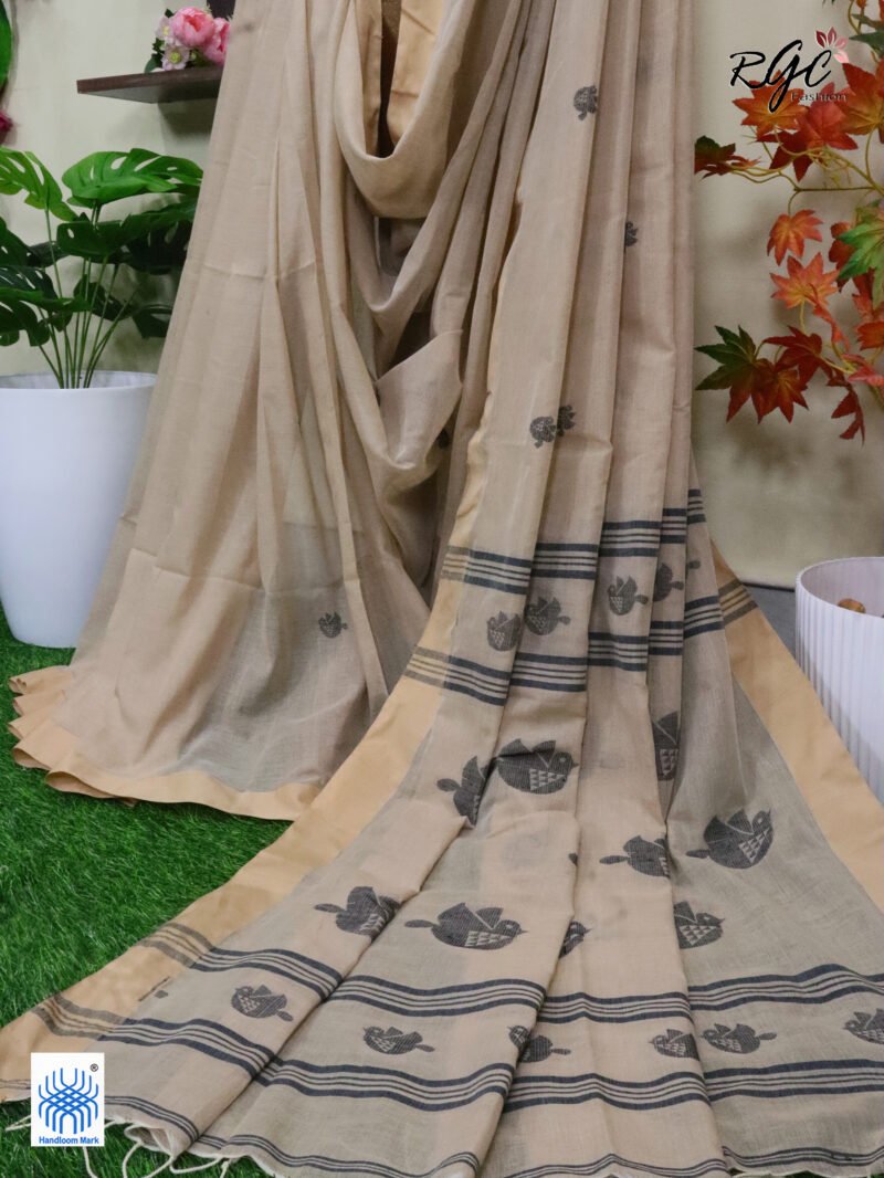 Beige Pure Cotton Bird Jamdani Handloom Saree - Image 6