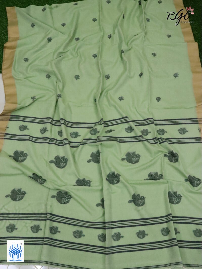 Dark Sea Green Pure Cotton Bird Jamdani Handloom Saree - Image 3