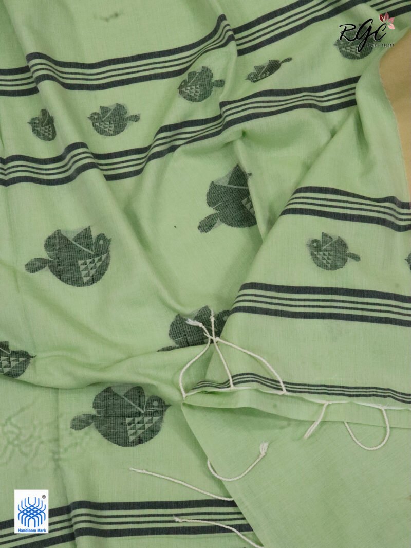Dark Sea Green Pure Cotton Bird Jamdani Handloom Saree - Image 4