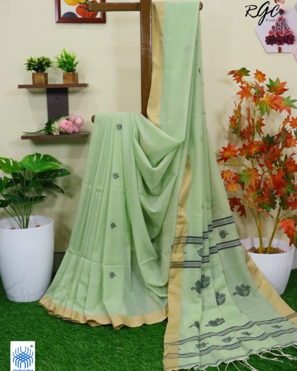 Dark Sea Green Pure Cotton Bird Jamdani Handloom Saree