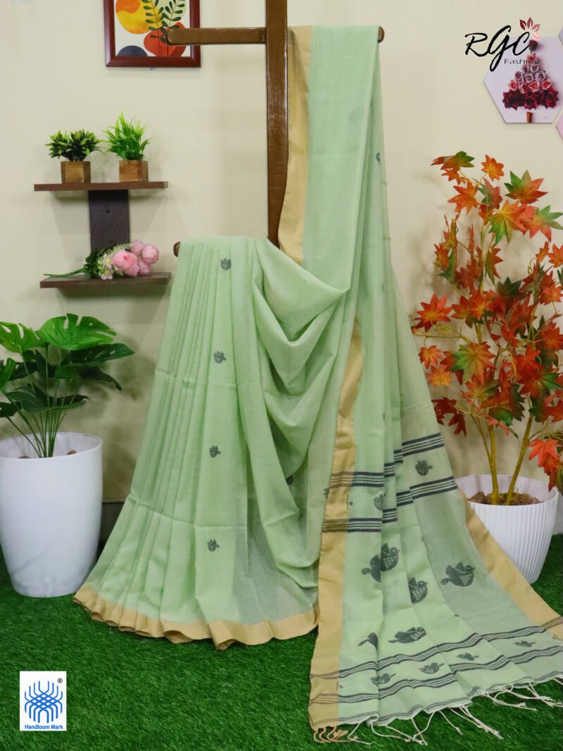 Dark Sea Green Pure Cotton Bird Jamdani Handloom Saree