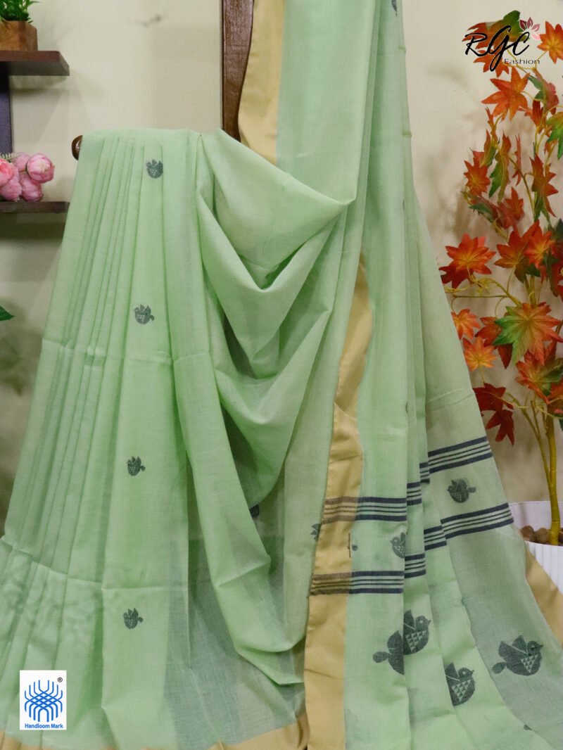 Dark Sea Green Pure Cotton Bird Jamdani Handloom Saree - Image 5