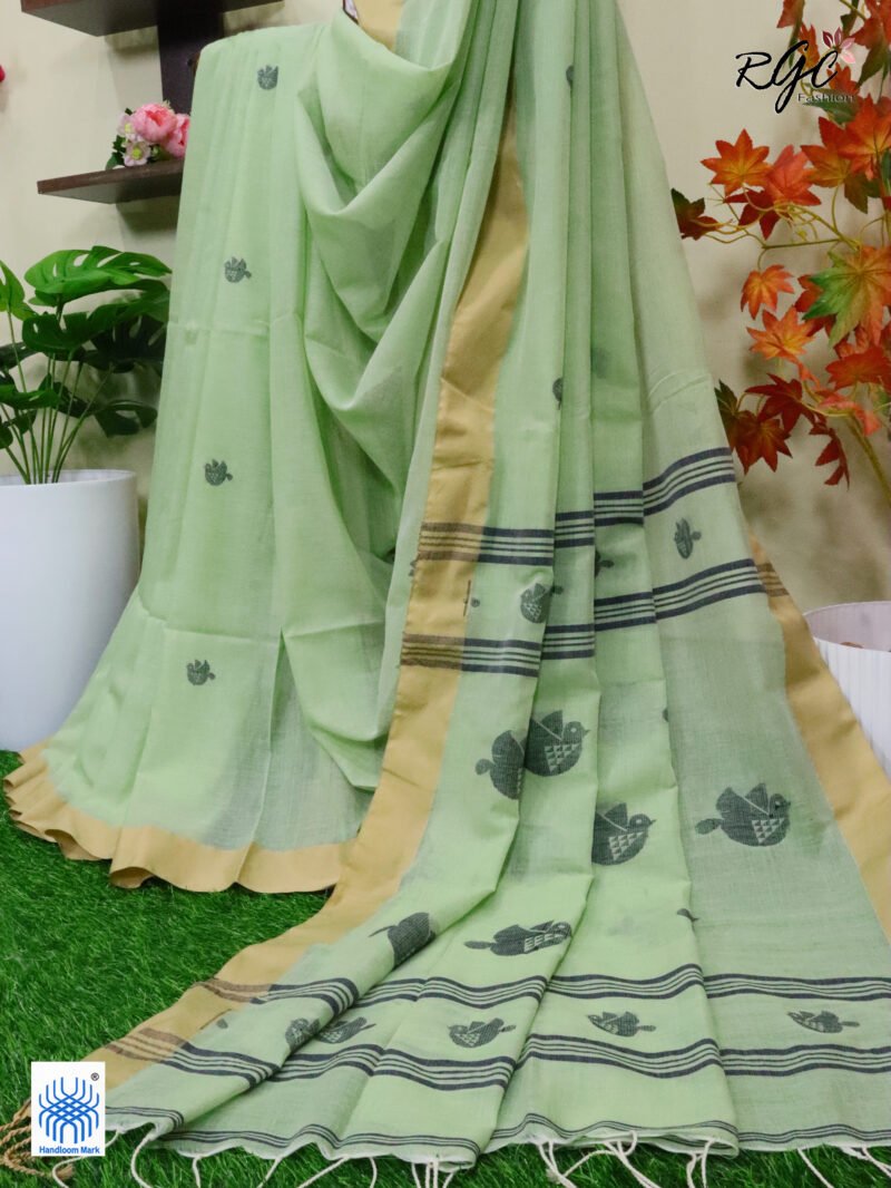 Dark Sea Green Pure Cotton Bird Jamdani Handloom Saree - Image 6