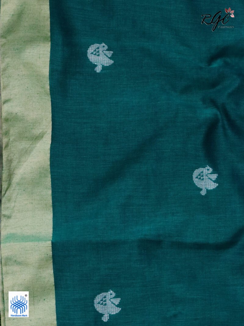 Dark Teal Pure Cotton Bird Jamdani Handloom Saree - Image 2