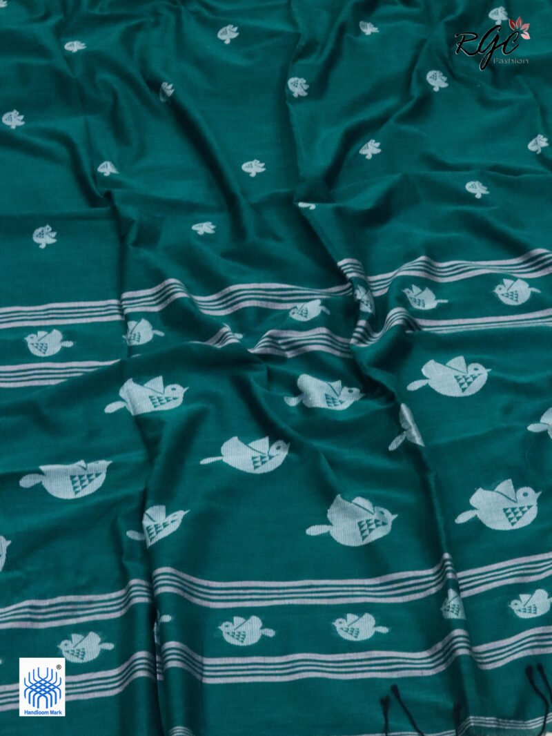 Dark Teal Pure Cotton Bird Jamdani Handloom Saree - Image 3