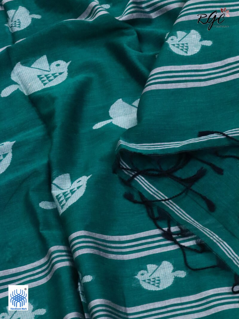 Dark Teal Pure Cotton Bird Jamdani Handloom Saree - Image 4