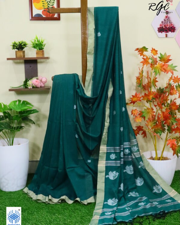 Dark Teal Pure Cotton Bird Jamdani Handloom Saree