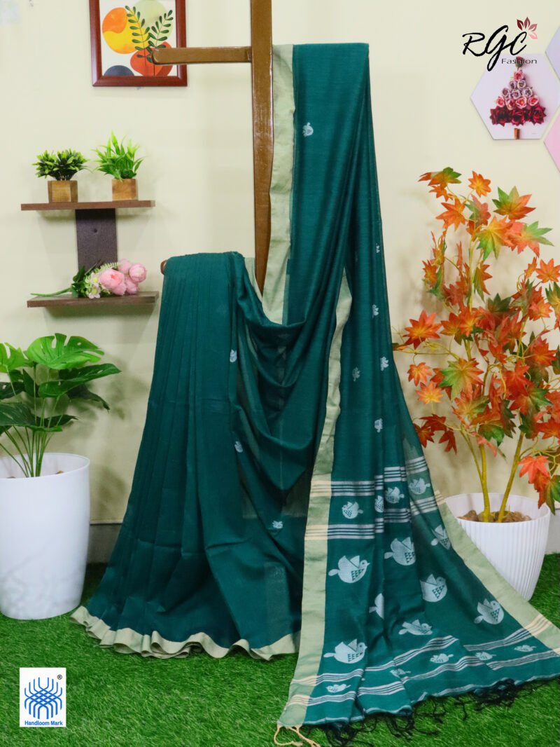 Dark Teal Pure Cotton Bird Jamdani Handloom Saree