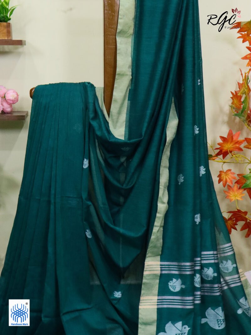 Dark Teal Pure Cotton Bird Jamdani Handloom Saree - Image 5
