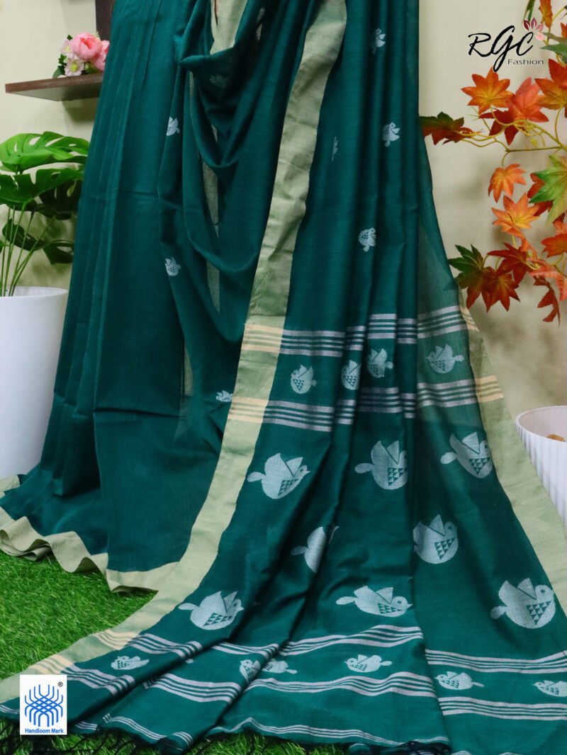 Dark Teal Pure Cotton Bird Jamdani Handloom Saree - Image 6
