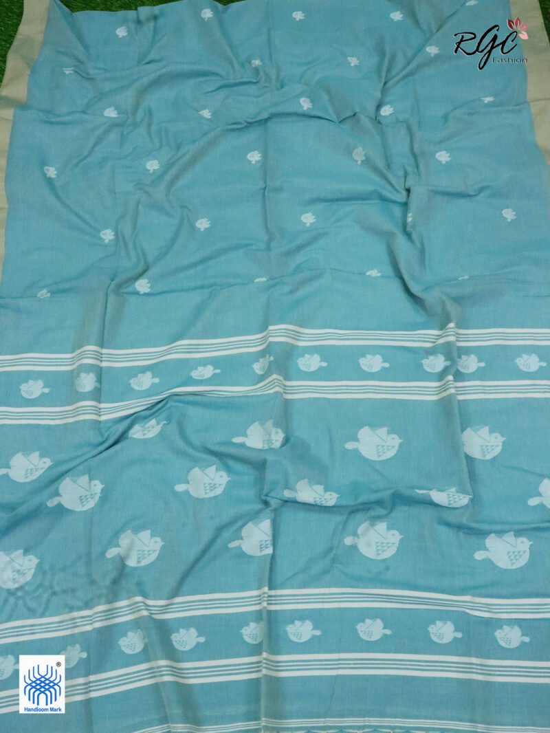 Moonstone Blue Pure Cotton Bird Jamdani Handloom Saree - Image 3