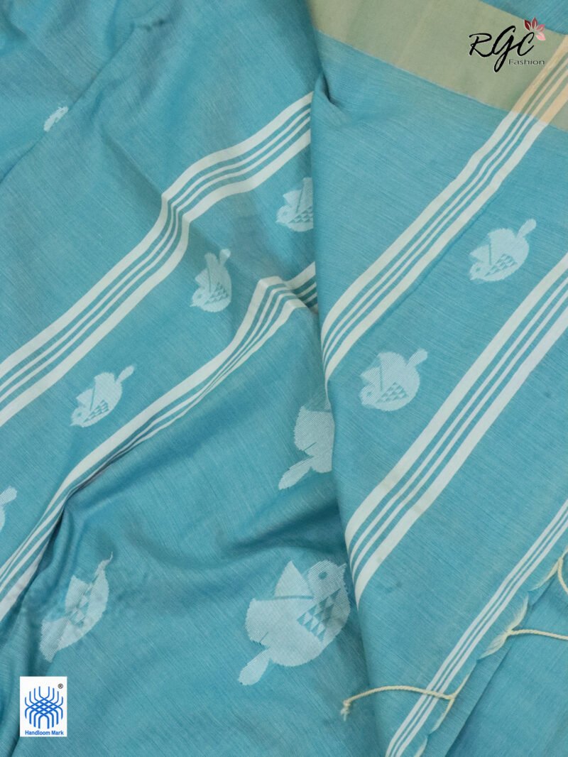 Moonstone Blue Pure Cotton Bird Jamdani Handloom Saree - Image 4