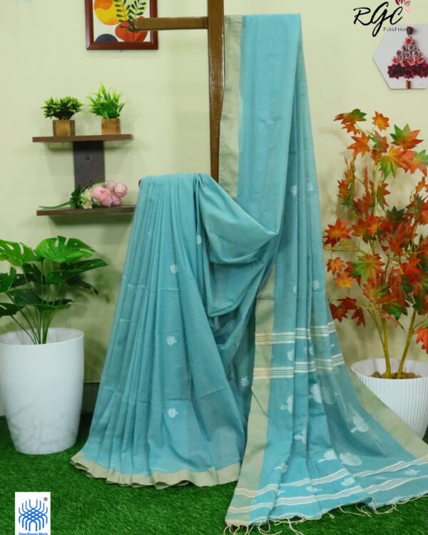 Moonstone Blue Pure Cotton Bird Jamdani Handloom Saree