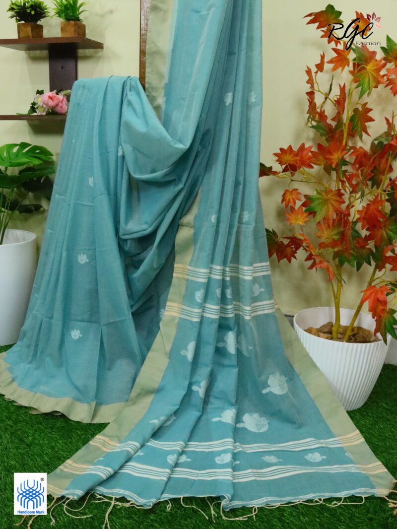 Moonstone Blue Pure Cotton Bird Jamdani Handloom Saree - Image 6