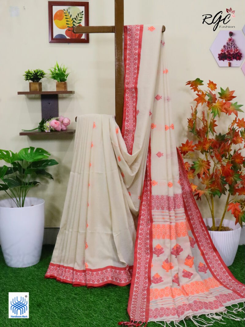 Beige Pure Cotton Bengal Traditional Handloom Jamdani Saree
