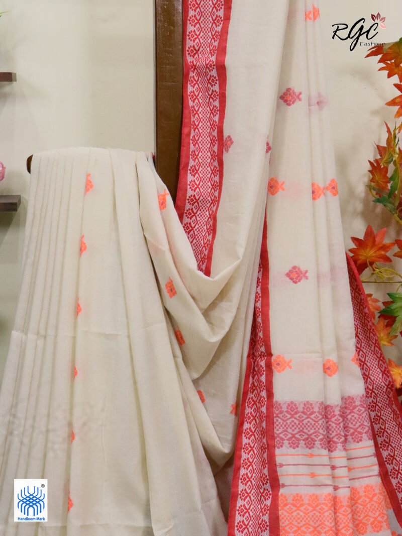 Beige Pure Cotton Bengal Traditional Handloom Jamdani Saree - Image 6