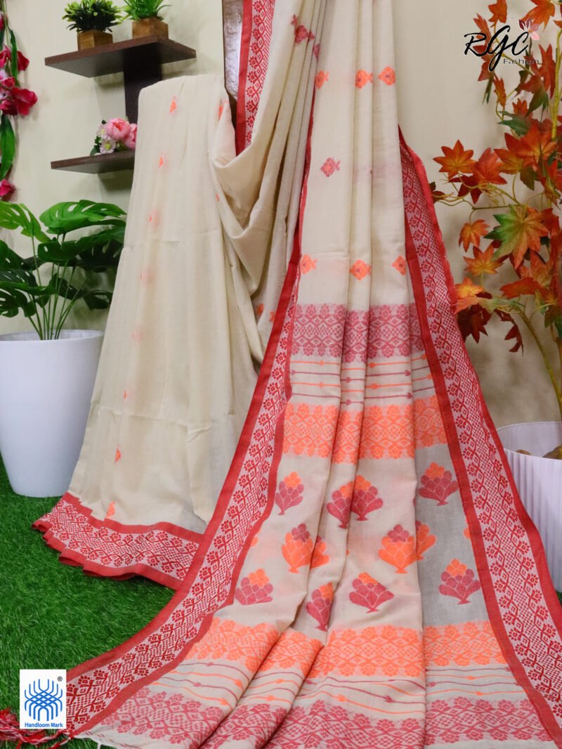 Beige Pure Cotton Bengal Traditional Handloom Jamdani Saree - Image 7
