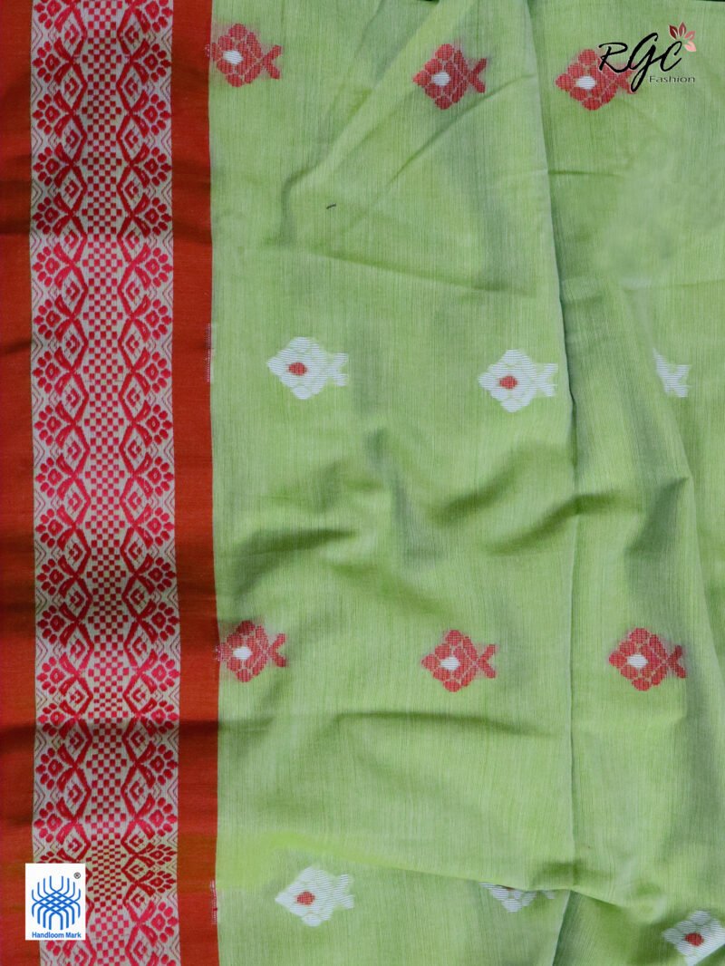 Tan Green Pure Cotton Bengal Traditional Handloom Jamdani Saree - Image 2