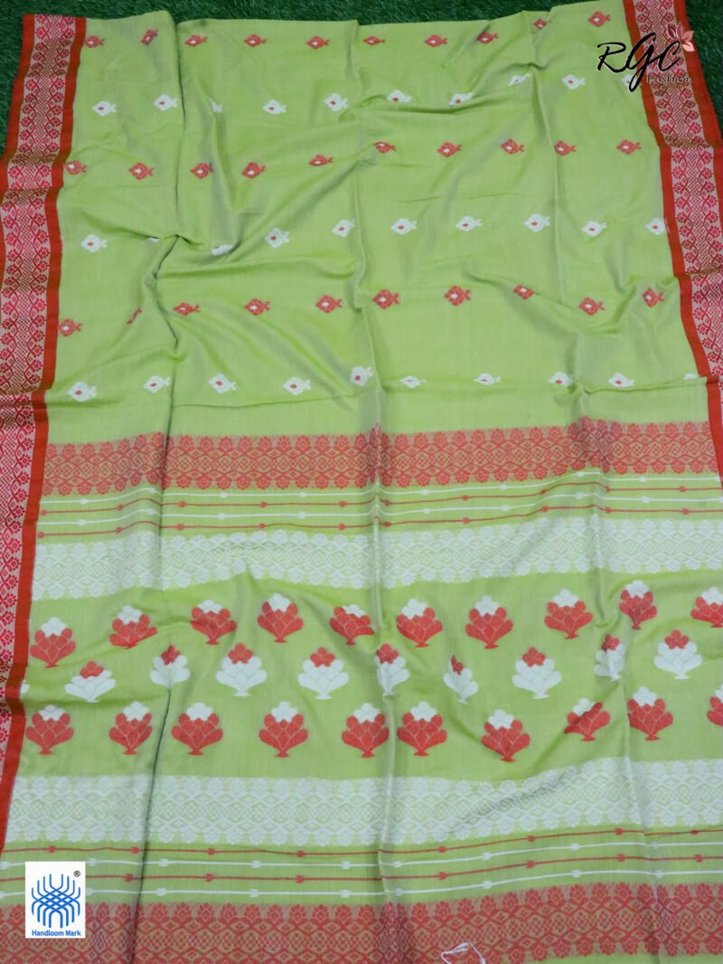 Tan Green Pure Cotton Bengal Traditional Handloom Jamdani Saree - Image 3