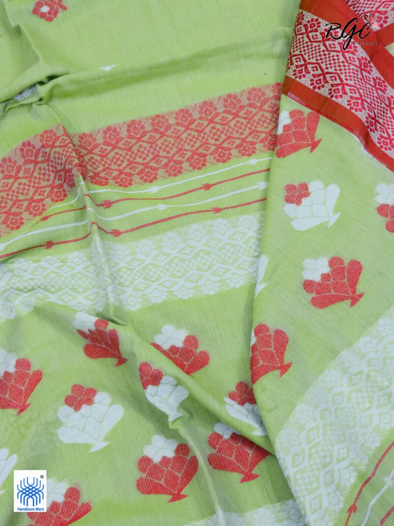 Tan Green Pure Cotton Bengal Traditional Handloom Jamdani Saree - Image 4
