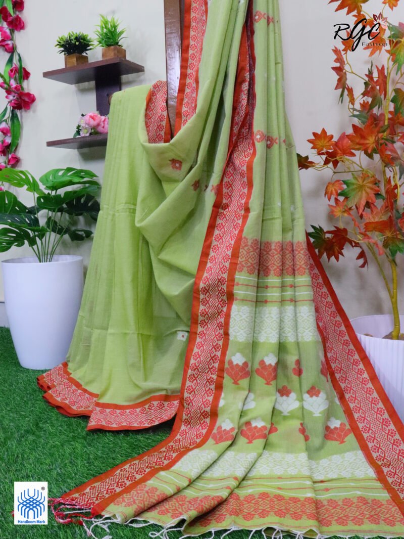 Tan Green Pure Cotton Bengal Traditional Handloom Jamdani Saree - Image 6