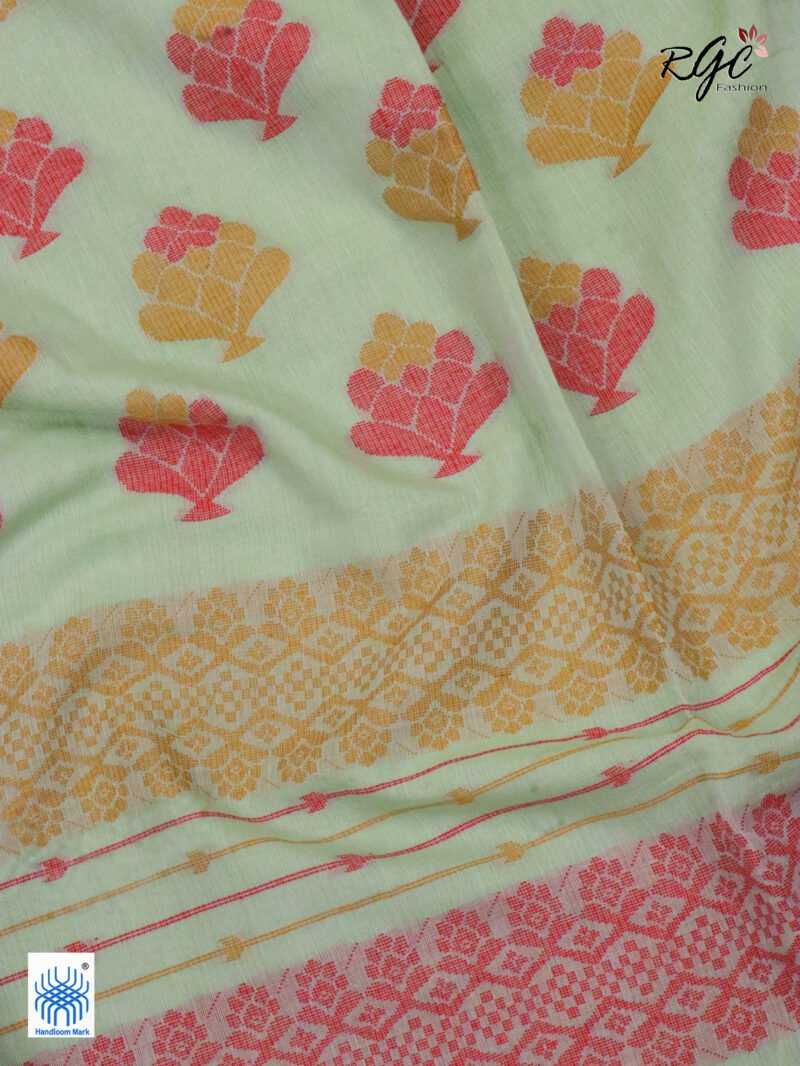 Summer Green Pure Cotton Bengal Traditional Handloom Jamdani Saree - Image 4