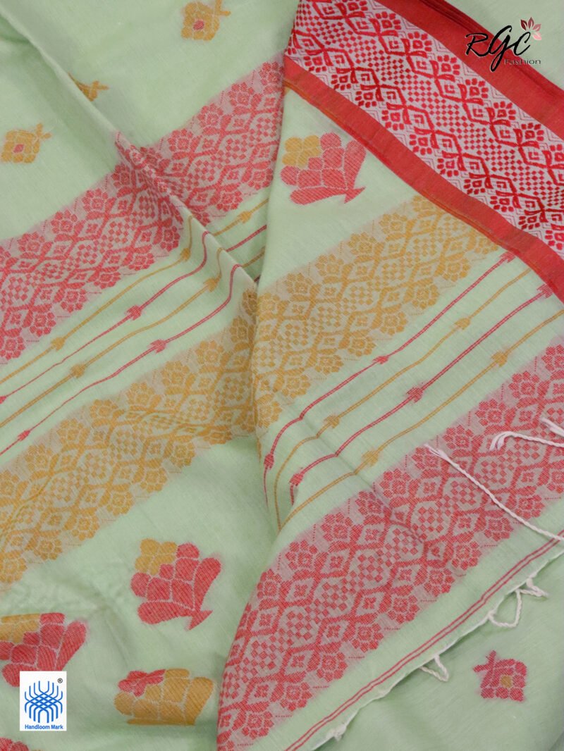 Summer Green Pure Cotton Bengal Traditional Handloom Jamdani Saree - Image 5