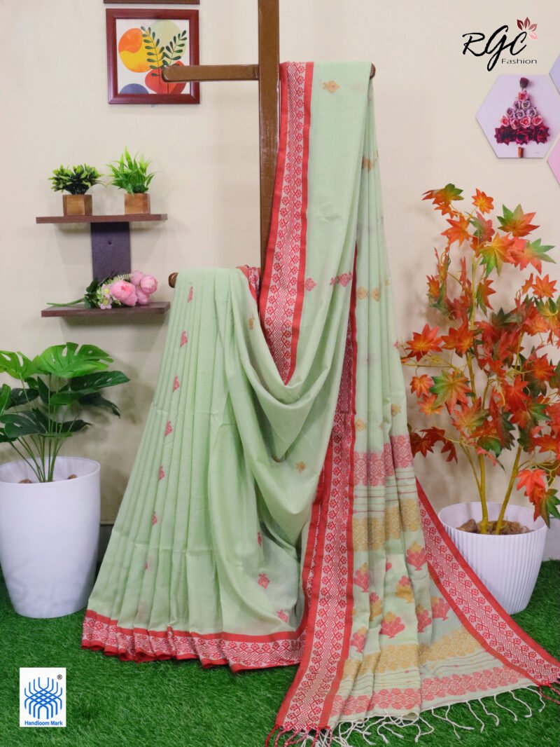 Summer Green Pure Cotton Bengal Traditional Handloom Jamdani Saree