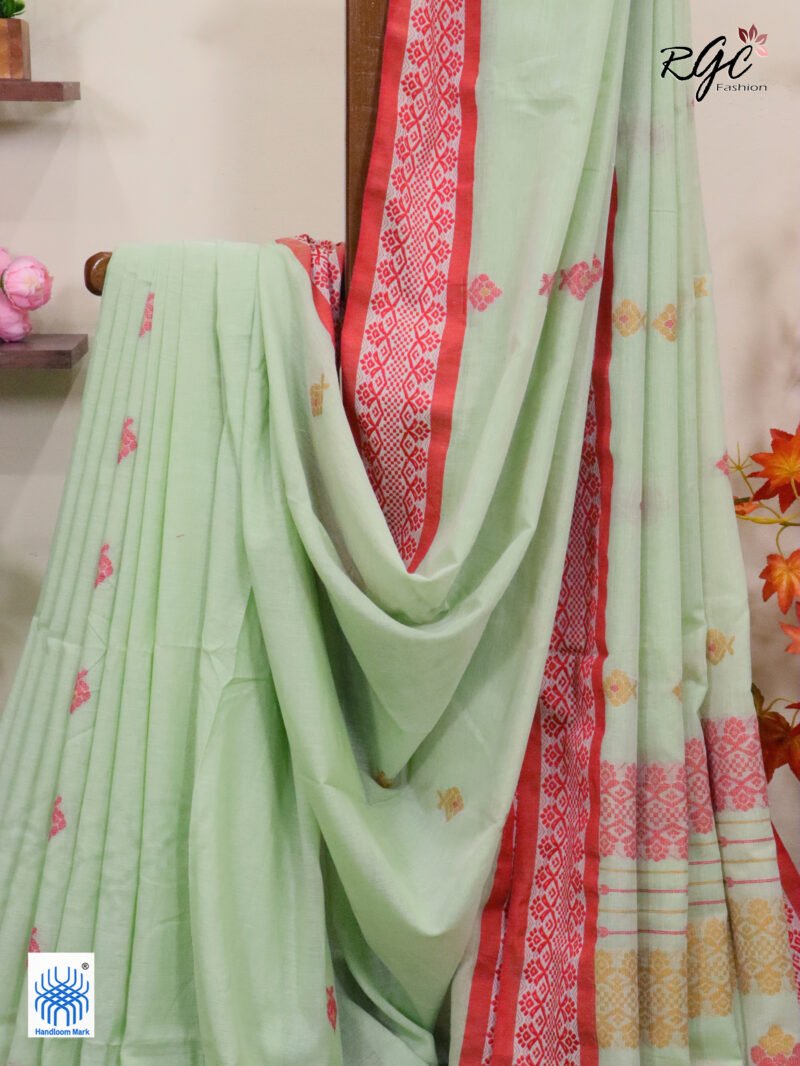 Summer Green Pure Cotton Bengal Traditional Handloom Jamdani Saree - Image 6