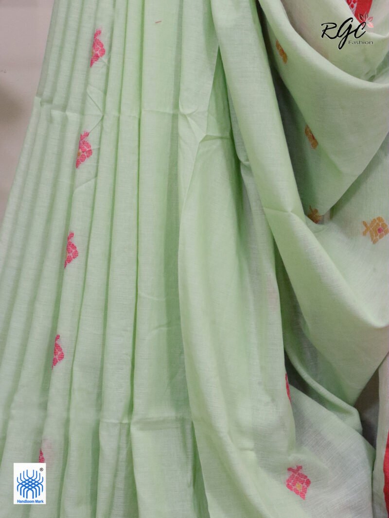 Summer Green Pure Cotton Bengal Traditional Handloom Jamdani Saree - Image 7