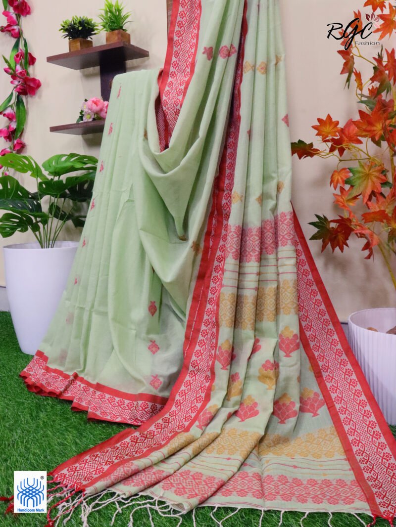 Summer Green Pure Cotton Bengal Traditional Handloom Jamdani Saree - Image 8